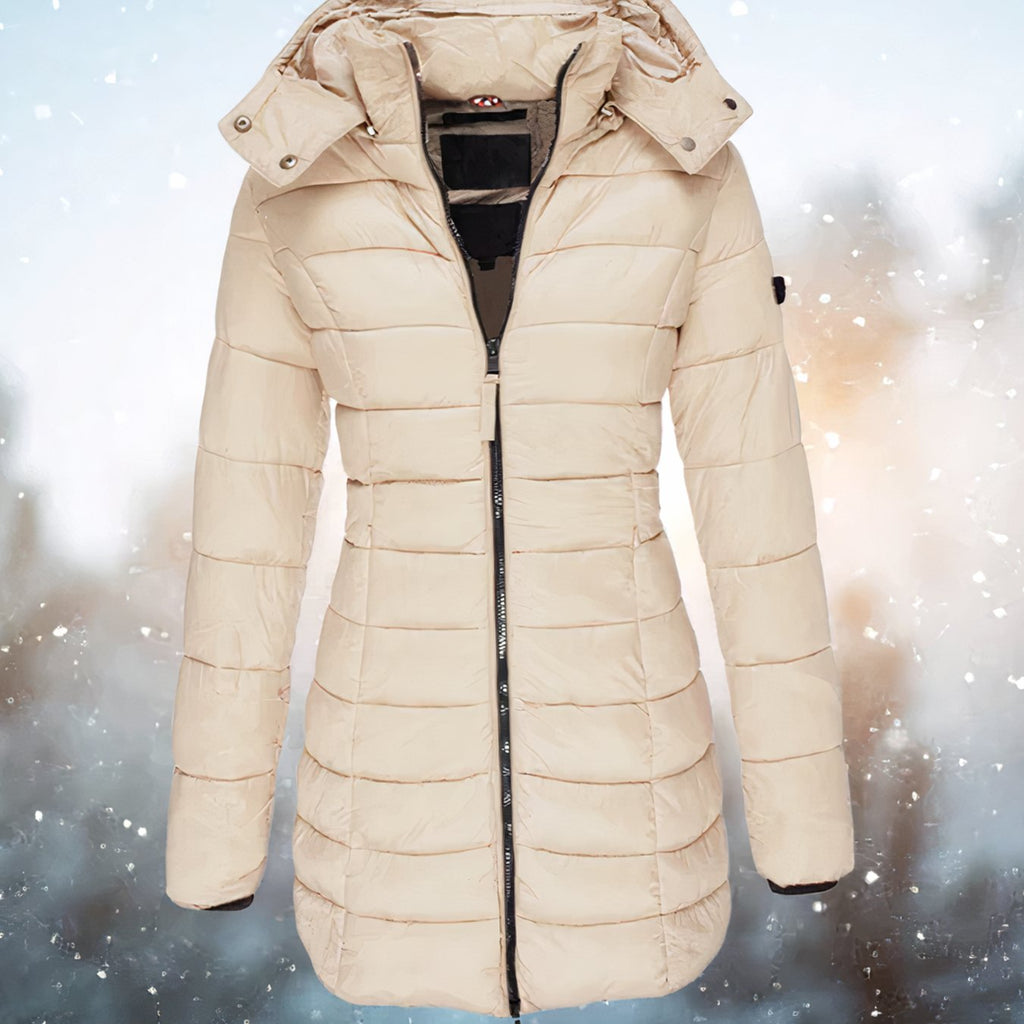 Vista trasera del abrigo puffer largo con acolchado uniforme