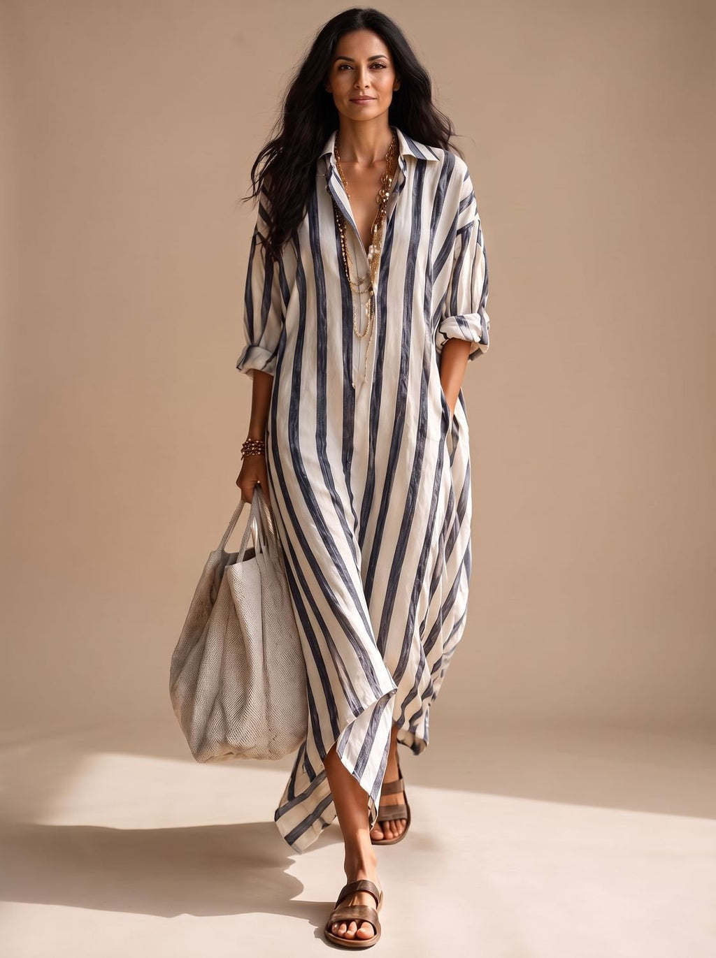 Vestido maxi de rayas con bolsillos laterales visibles, look de verano