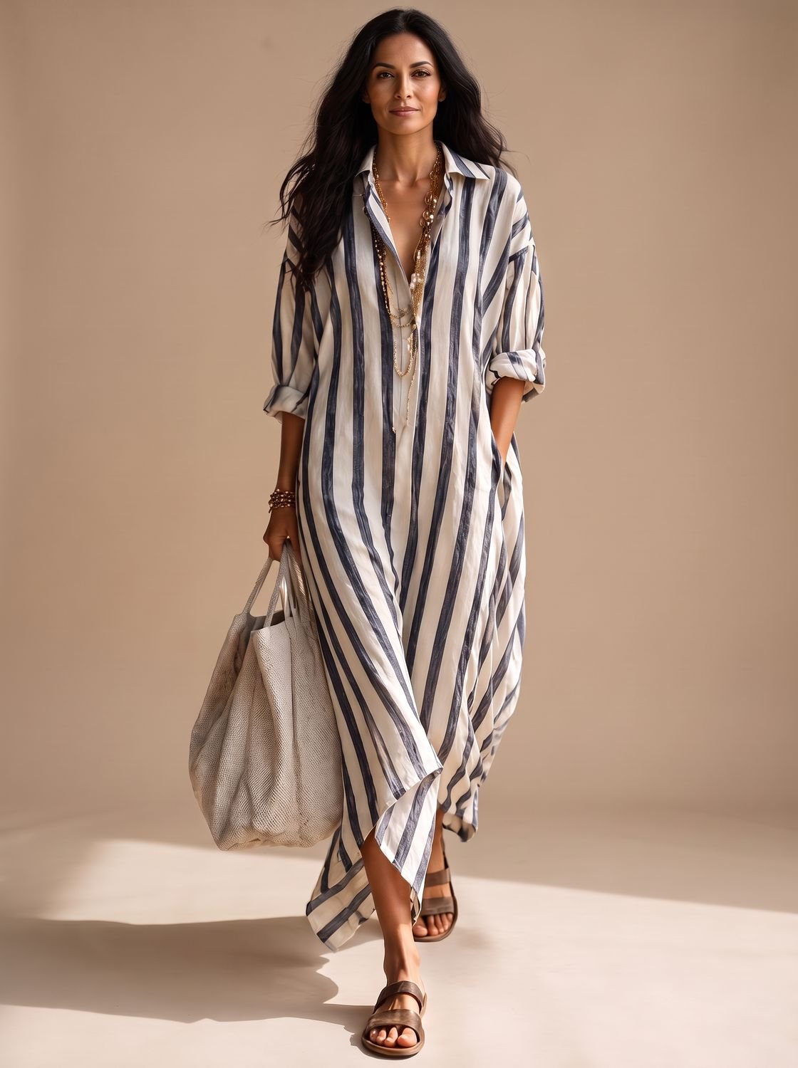 Vestido maxi de rayas con bolsillos laterales visibles, look de verano