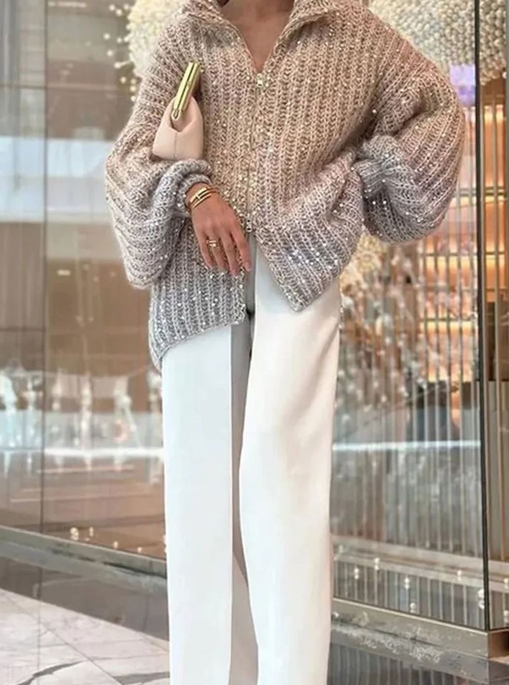 Cárdigan oversize de punto grueso en tono degradado con lentejuelas