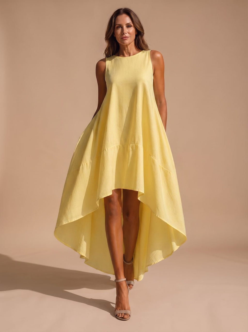 Vestido midi asimétrico visto desde atrás mostrando el largo trasero