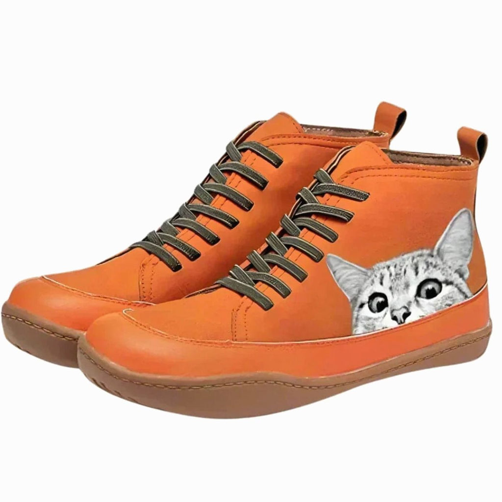 Botines de mujer con estampado de gato y cordones color oliva