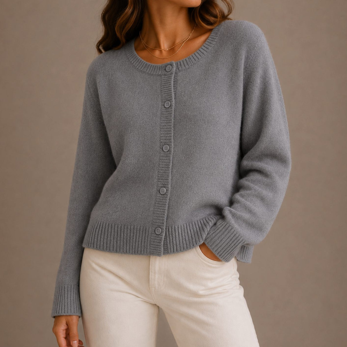Chaqueta de punto mujer cuello redondo con botones, fit relajado, color gris