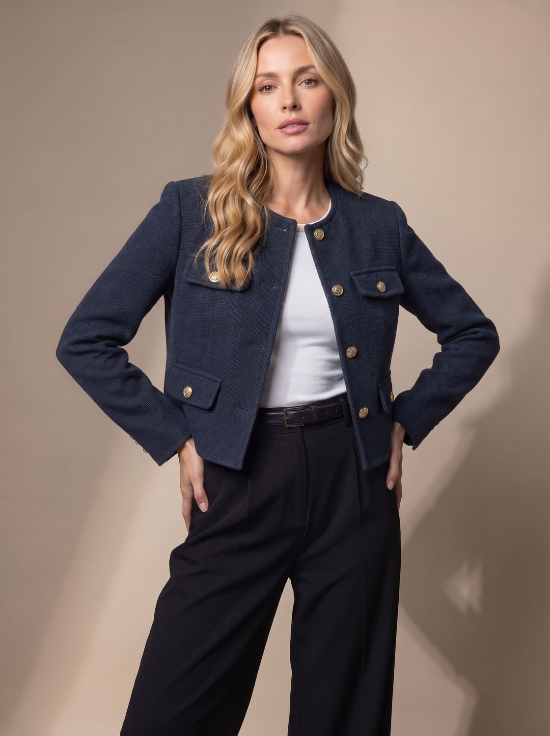 Bolsillo de solapa con botón dorado en la blazer de tweed