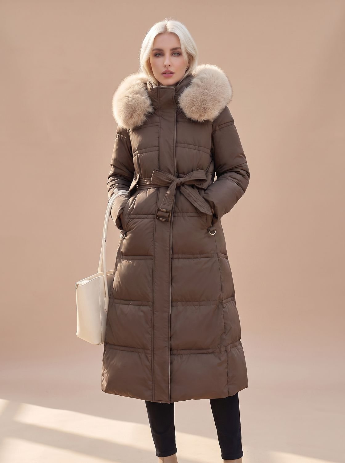 Abrigo acolchado largo con capucha de pelo combinado con botas