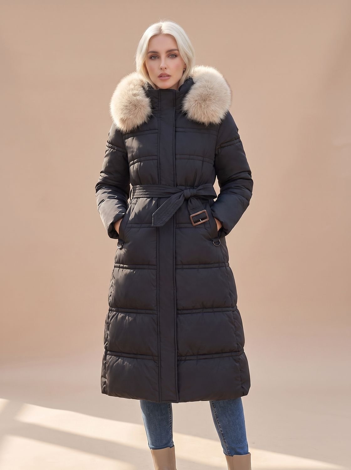 Abrigo acolchado con capucha de pelo, look urbano de invierno