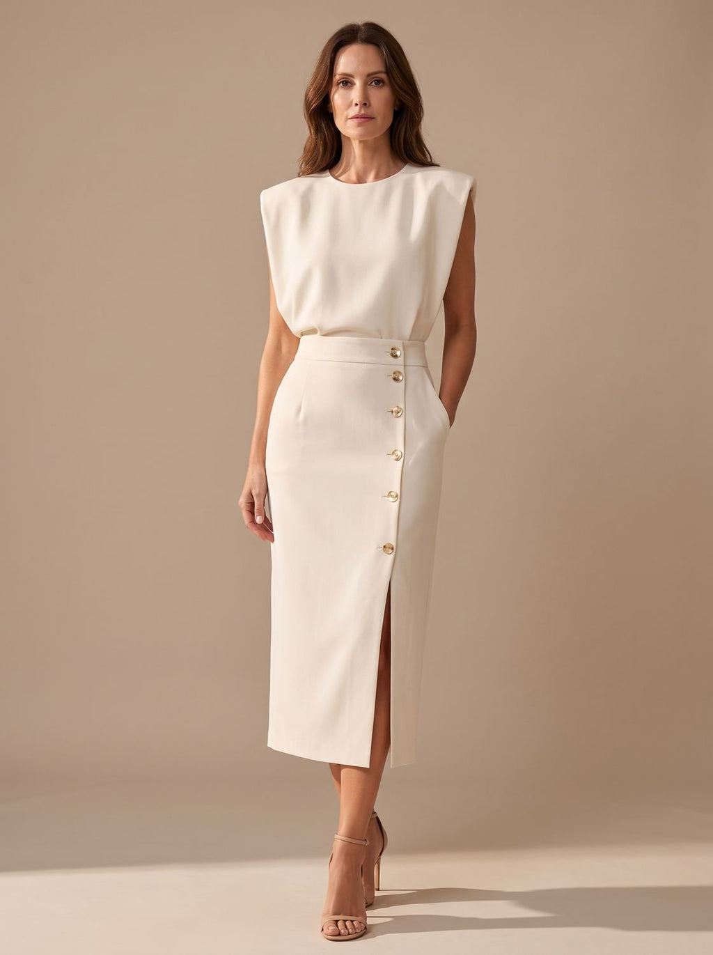 Vestido midi entallado de mujer con botones dorados y abertura frontal