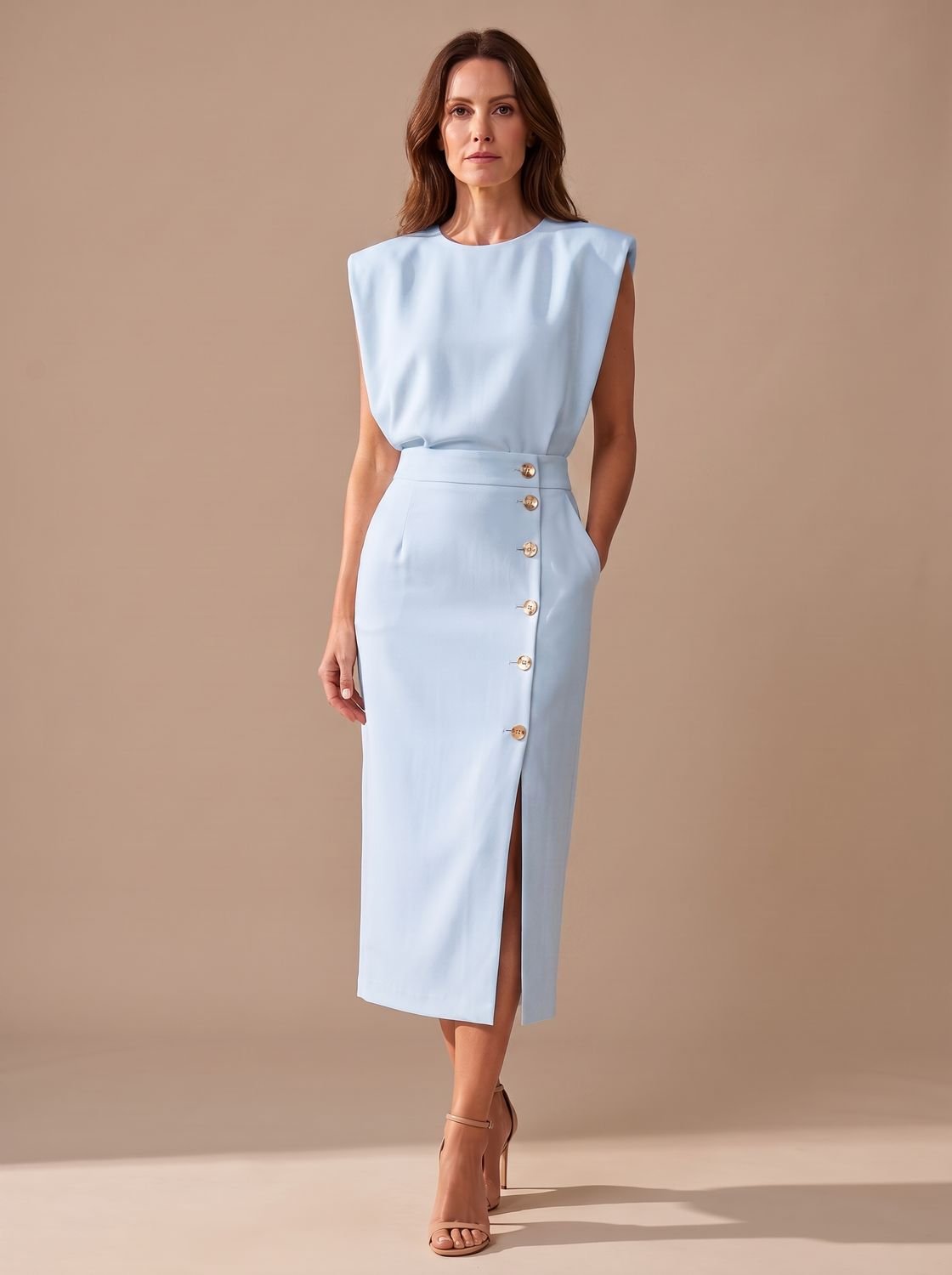 Vestido midi de mujer combinado con tacones para un look de fiesta