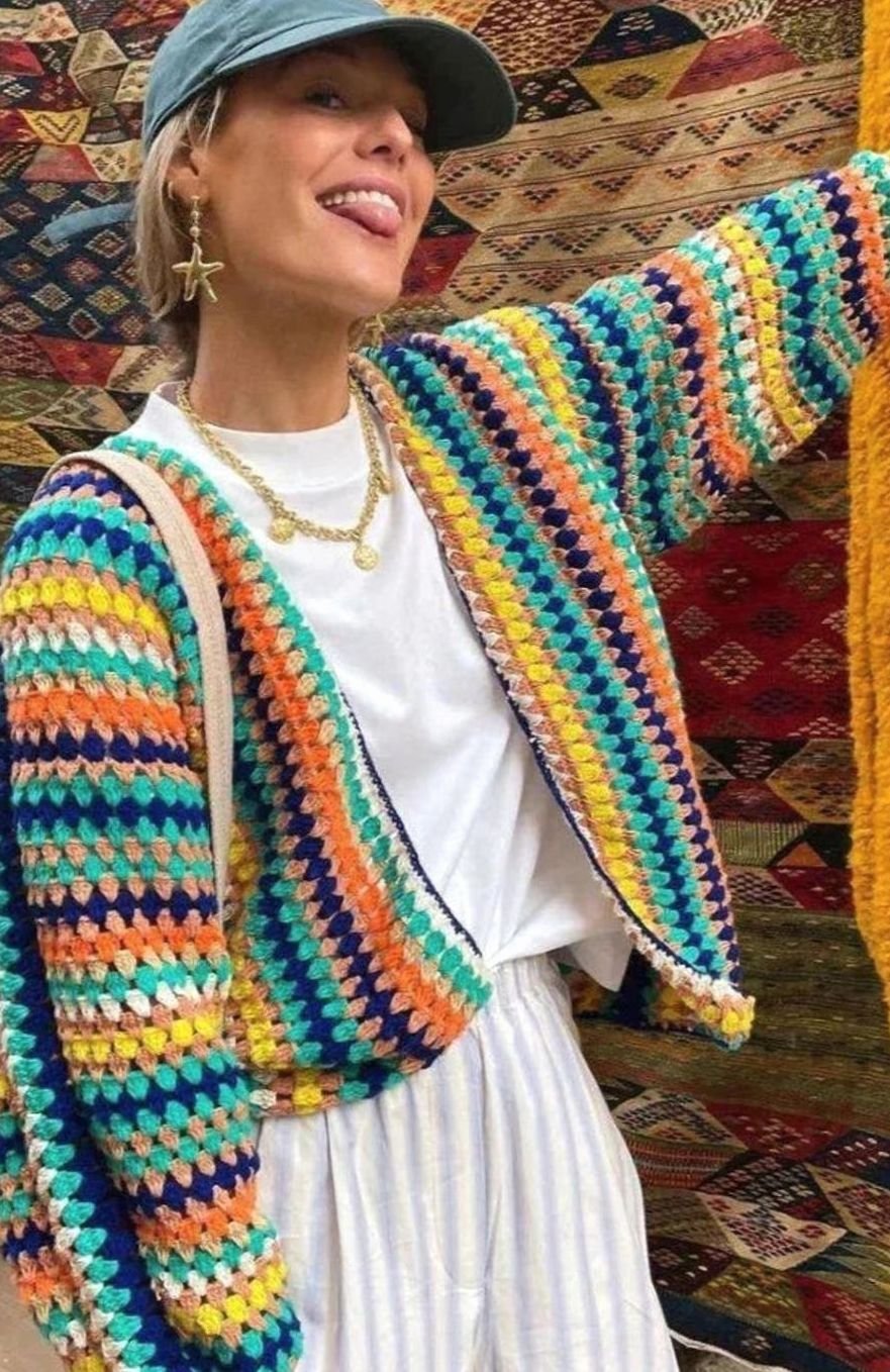 Chaqueta de punto grueso con rayas multicolor para mujer, diseño abierto