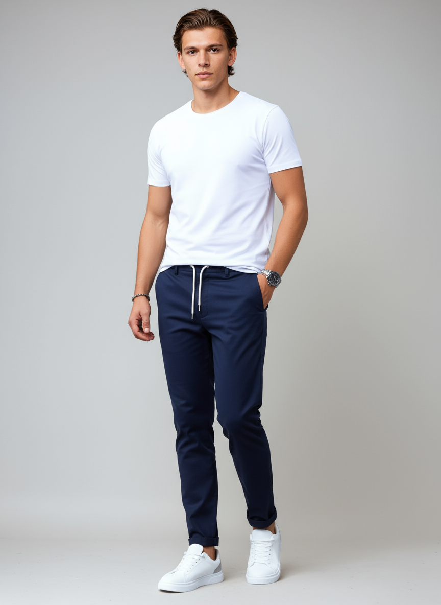 Pantalón chino THERON combinado con camisa para look elegante