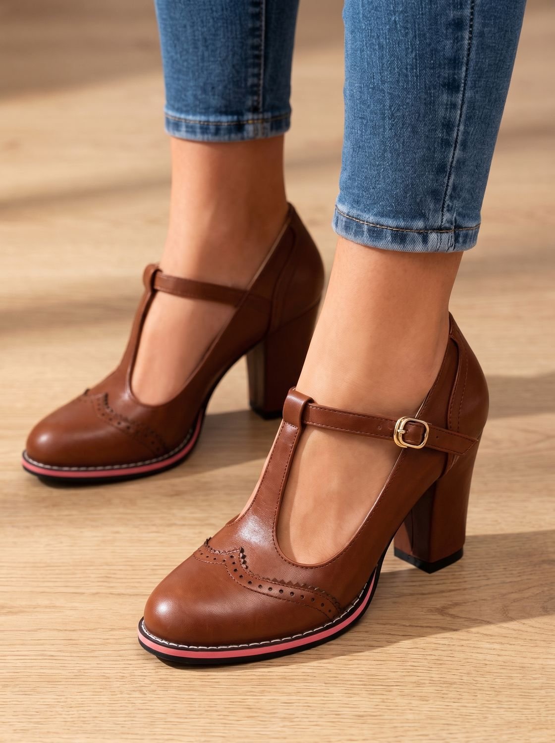 Par de zapatos brogue vintage con tacón bloque, ideales para look de oficina o noche