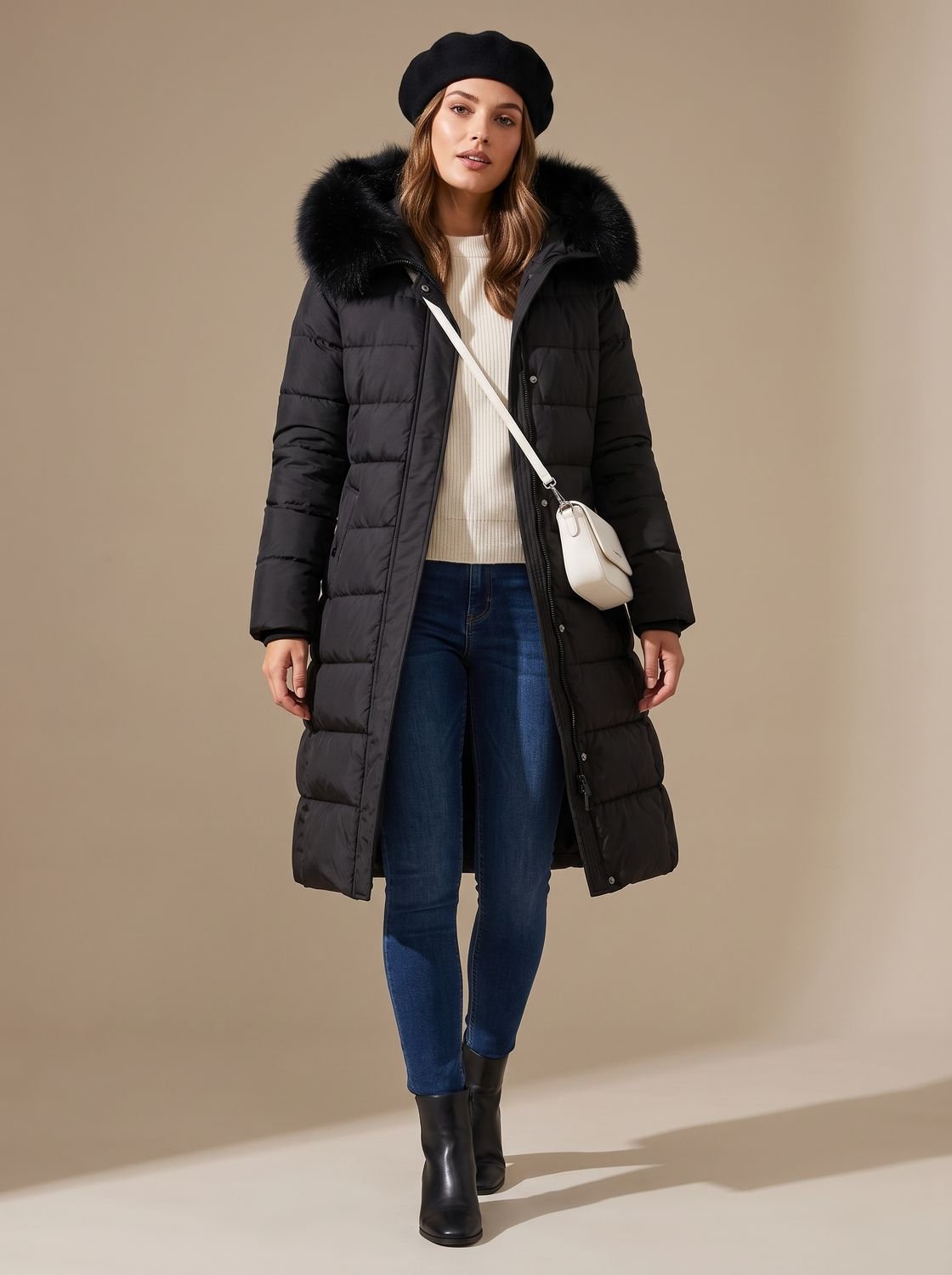 Parka larga con capucha de pelo vista de espaldas
